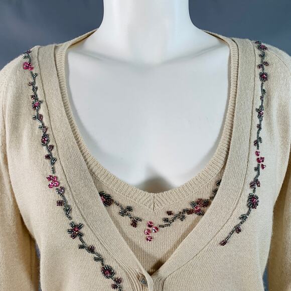 BLUMARINE Size 6 Beige Multi Color Rayon Cashmere Blend Beaded Cardigan Set - Picture 2 of 9